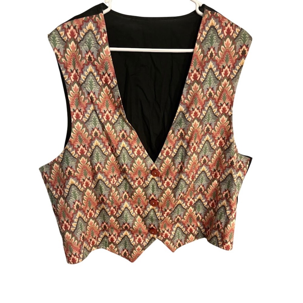 Vintage Tapestry Geometric Flame Stitch Button Front Vest Earth Tones XL
